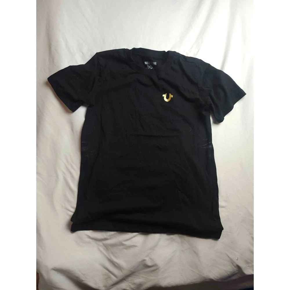 True Religion Shirt Mens Size XL Black Gold Graphic‎ Print Short Sleeve Casual
